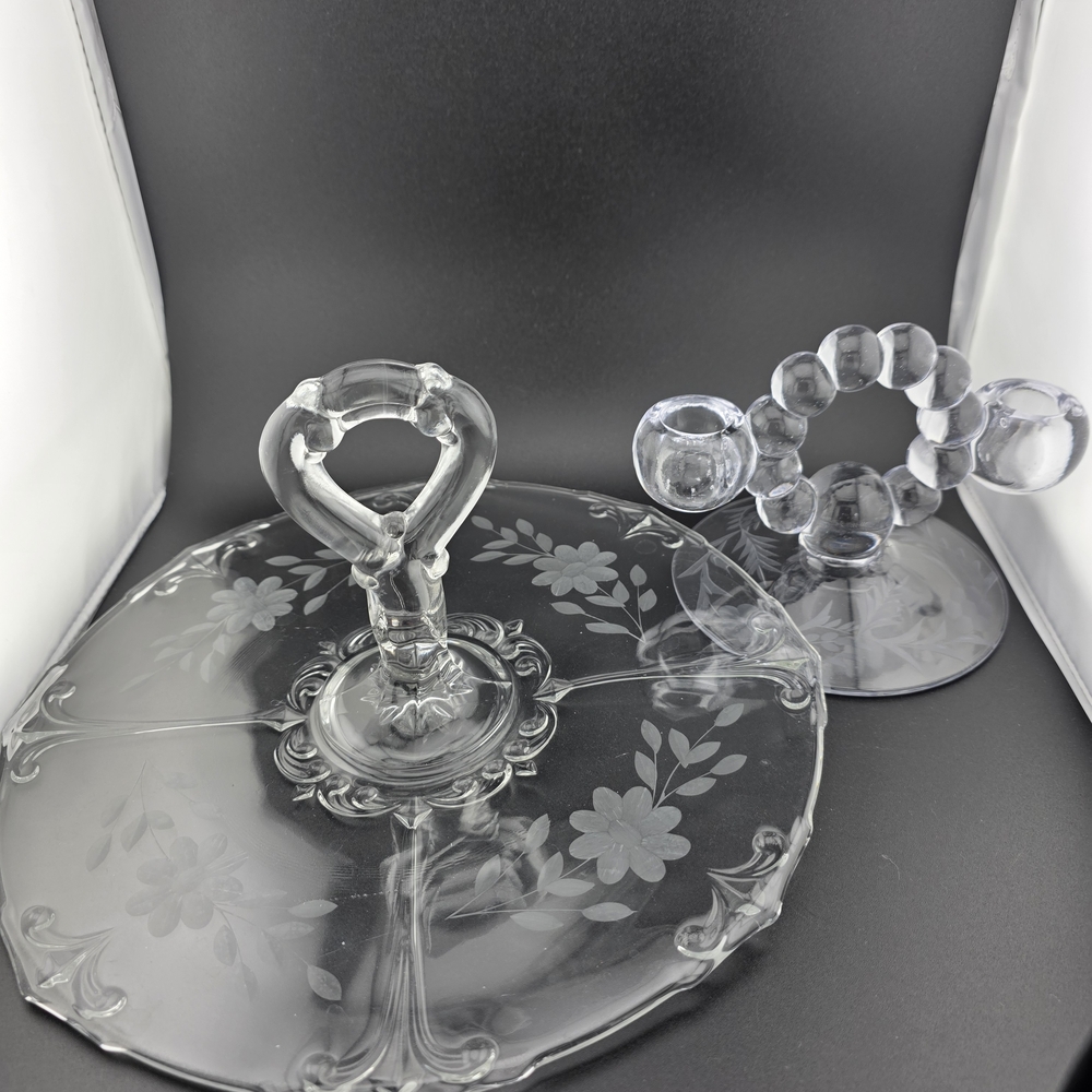 Vintage Center Handle Glass Server and Imperial Double Candlestick Holder Etched